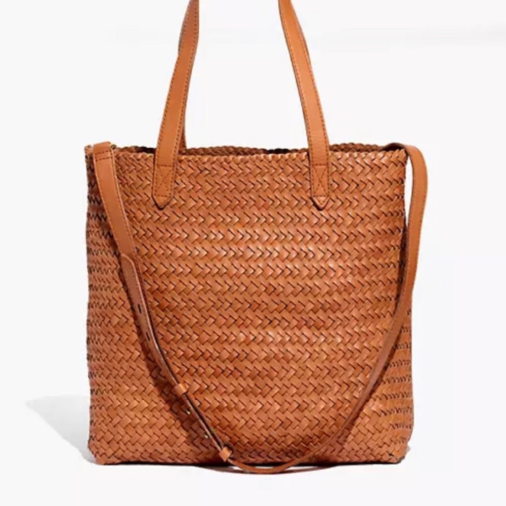 MADEWELL The Medium Transport Tote: Woven Leather Edition In Burnished Caramel